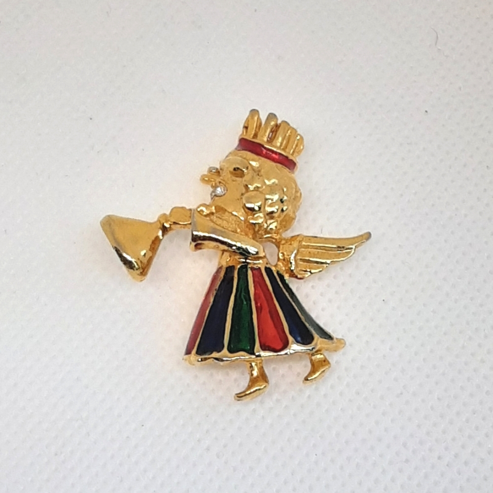 Vintage Christmas Angel Brooch Goldtone Red Green Festive  Holiday Pin Gift